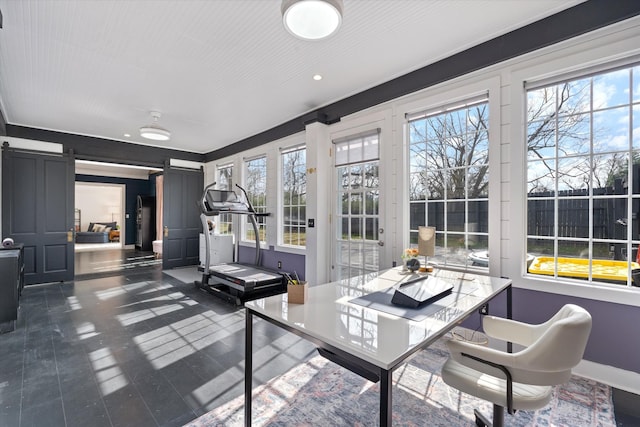 sunroom featuring a barn door