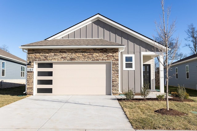 view of front facade featuring driveway, stone siding, roof with shingles, board and batten siding, and a garage