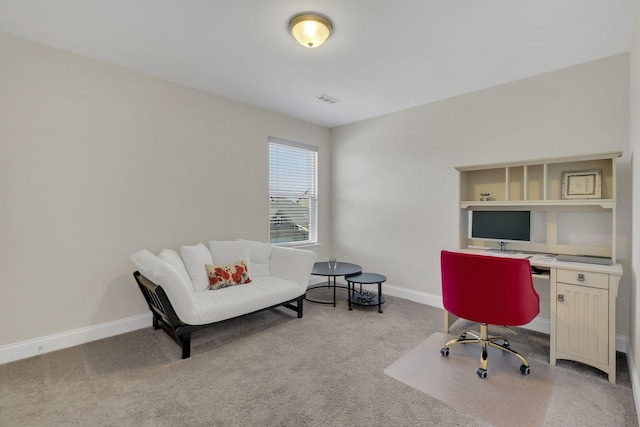 office area with baseboards, carpet floors, and visible vents