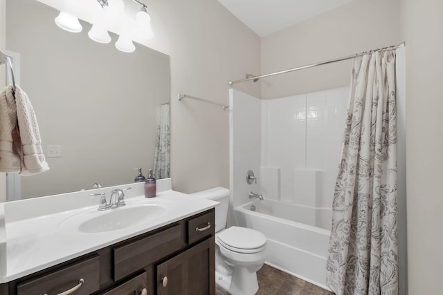 full bath featuring shower / bath combination with curtain, toilet, and vanity