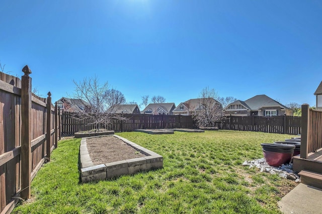 view of yard with a fenced backyard and a residential view