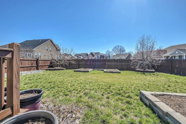 view of yard with a residential view and a fenced backyard