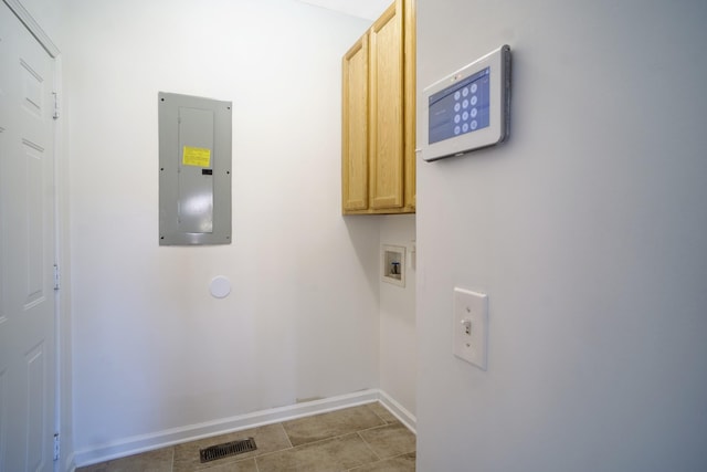 laundry area featuring visible vents, baseboards, washer hookup, electric panel, and cabinet space