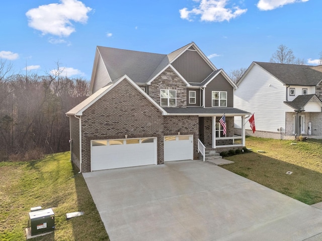 view of front of property with board and batten siding, a porch, concrete driveway, a front yard, and a garage