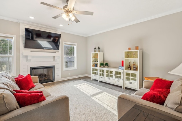 living area with a fireplace, crown molding, a ceiling fan, and wood finished floors