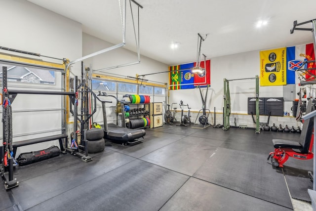 exercise room featuring a garage