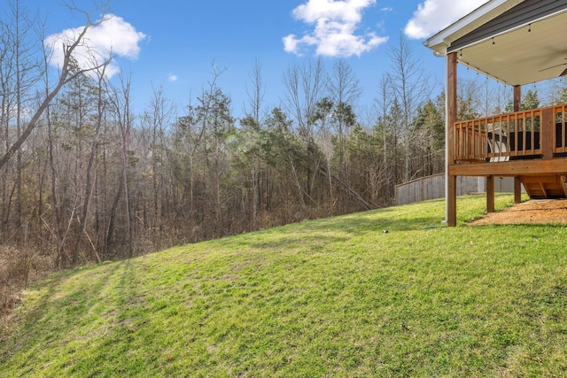 view of yard featuring a view of trees and a deck