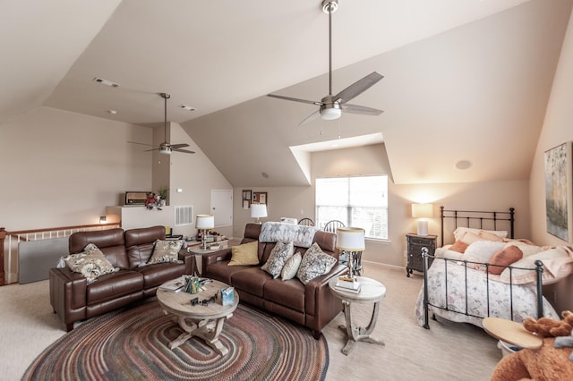 living room with lofted ceiling, light colored carpet, visible vents, and ceiling fan