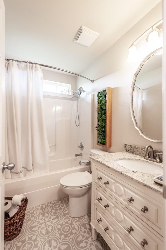 full bathroom with tile patterned flooring, visible vents, toilet, shower / bath combination with curtain, and vanity