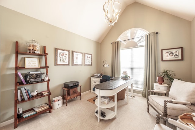 office space featuring a notable chandelier, lofted ceiling, light colored carpet, and baseboards