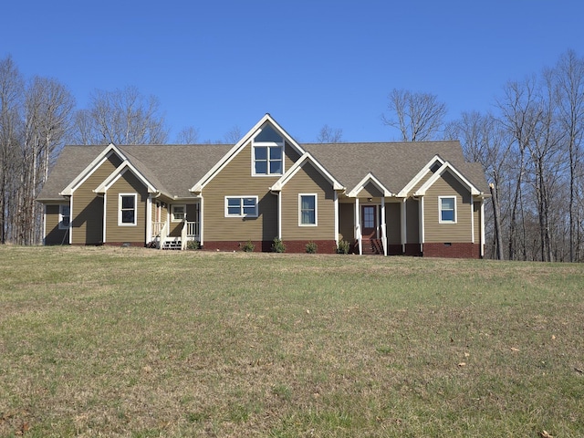 view of front of home with crawl space, a front yard, and roof with shingles