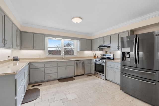 kitchen with visible vents, a sink, gray cabinetry, under cabinet range hood, and appliances with stainless steel finishes