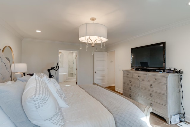 bedroom with recessed lighting, ensuite bathroom, baseboards, and ornamental molding