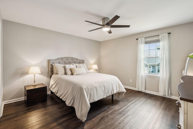 bedroom with ceiling fan, visible vents, baseboards, and dark wood-style floors