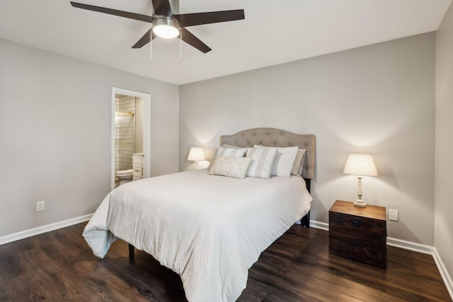 bedroom with ceiling fan, baseboards, ensuite bath, and wood finished floors