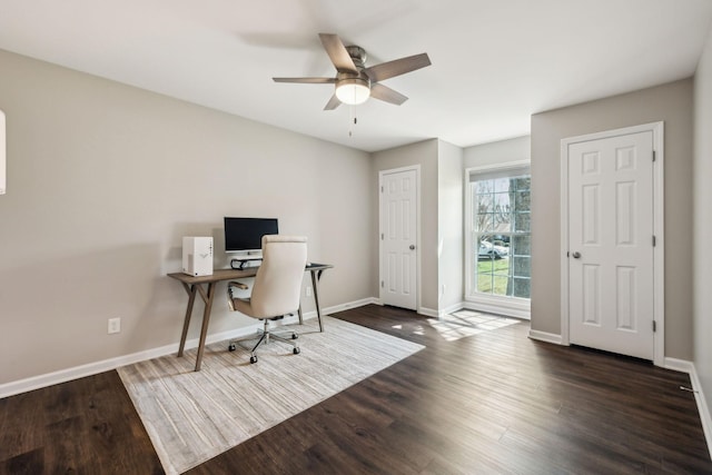 office featuring ceiling fan, baseboards, and dark wood finished floors