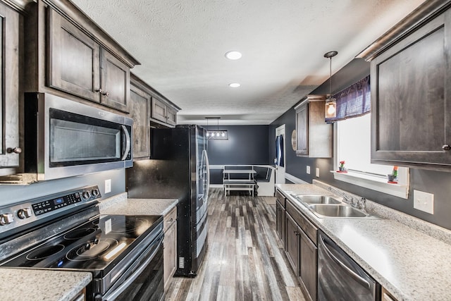 kitchen featuring a sink, dark brown cabinetry, dark wood finished floors, and stainless steel appliances