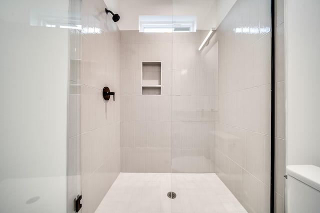 full bathroom featuring a shower stall and toilet