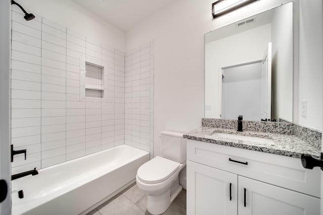 bathroom featuring tile patterned flooring, visible vents, shower / washtub combination, toilet, and vanity