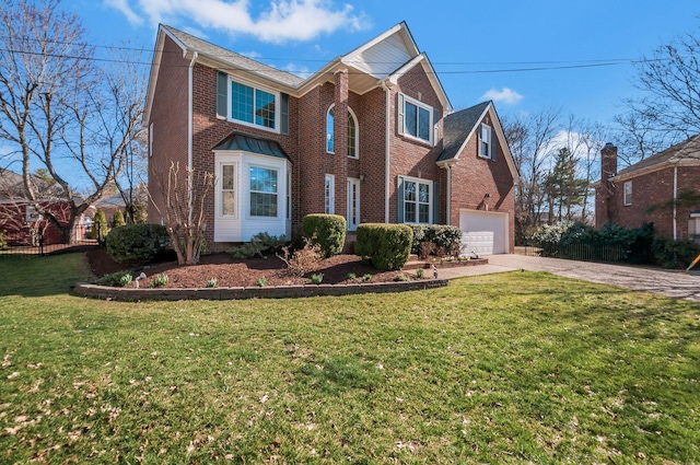 traditional-style house with a garage, brick siding, concrete driveway, and a front lawn