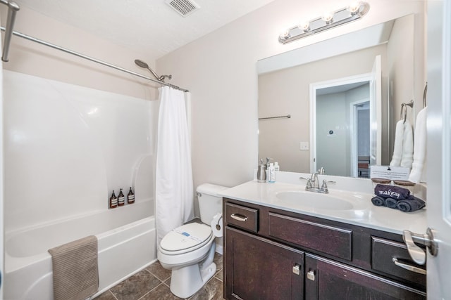 full bathroom with vanity, shower / bath combo with shower curtain, toilet, and visible vents