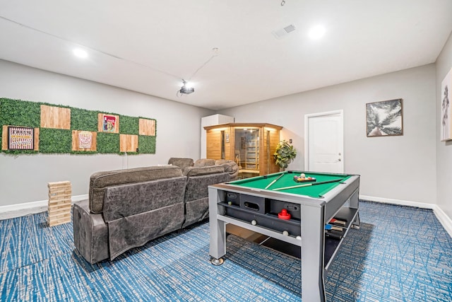 game room featuring pool table, carpet flooring, baseboards, and visible vents