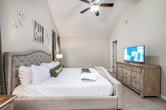 bedroom with visible vents, light carpet, baseboards, ceiling fan, and vaulted ceiling