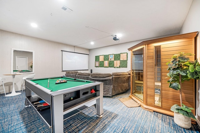 recreation room with billiards, carpet flooring, and visible vents