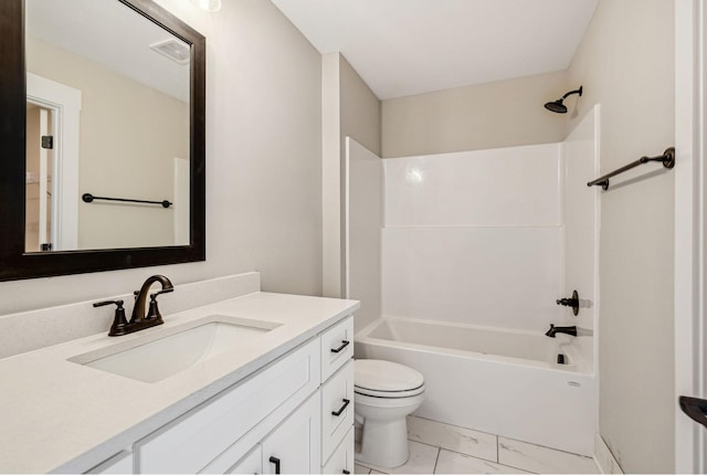 bathroom featuring visible vents, toilet, bathing tub / shower combination, marble finish floor, and vanity