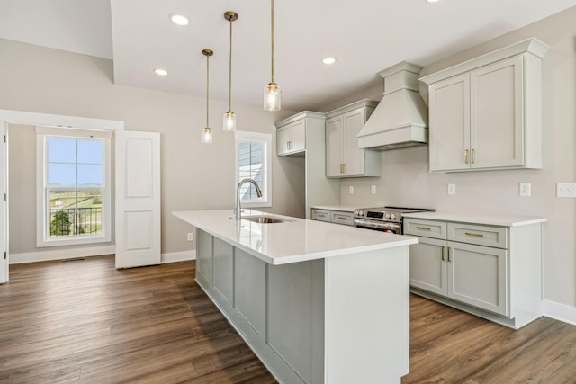 kitchen with a kitchen island with sink, a sink, stainless steel electric stove, dark wood-style floors, and custom exhaust hood