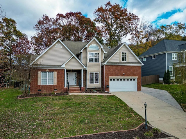 view of front of house featuring brick siding, a front lawn, driveway, and crawl space