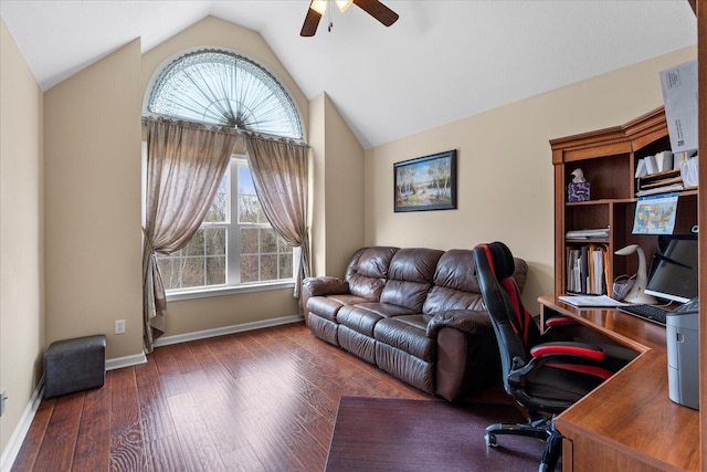 office area with wood finished floors, a ceiling fan, baseboards, and lofted ceiling