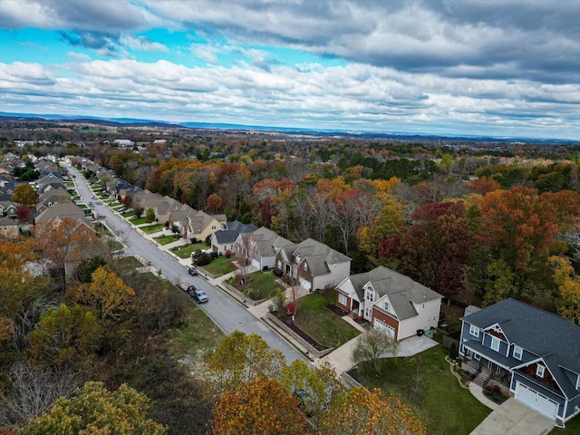birds eye view of property with a residential view and a wooded view