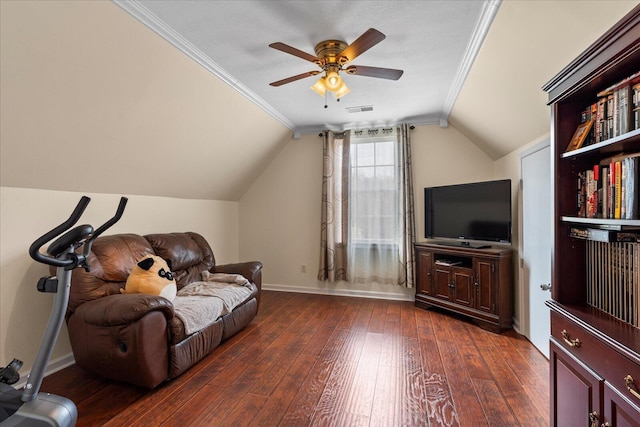 living area featuring visible vents, crown molding, lofted ceiling, ceiling fan, and dark wood-style floors