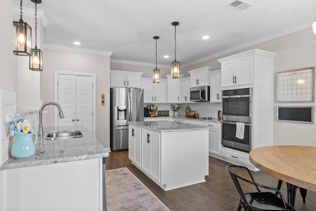 kitchen featuring a sink, dark wood-style floors, visible vents, and stainless steel appliances