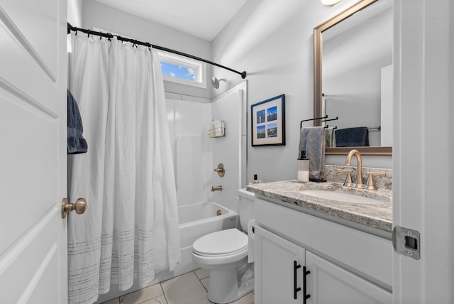 full bathroom featuring tile patterned floors, shower / bathtub combination with curtain, toilet, and vanity