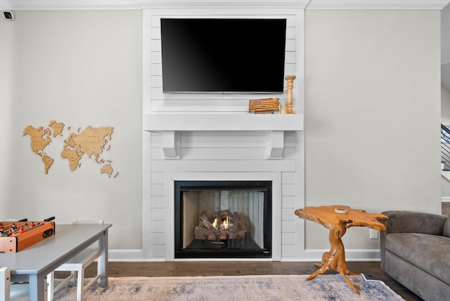 living room featuring a fireplace, baseboards, and wood finished floors