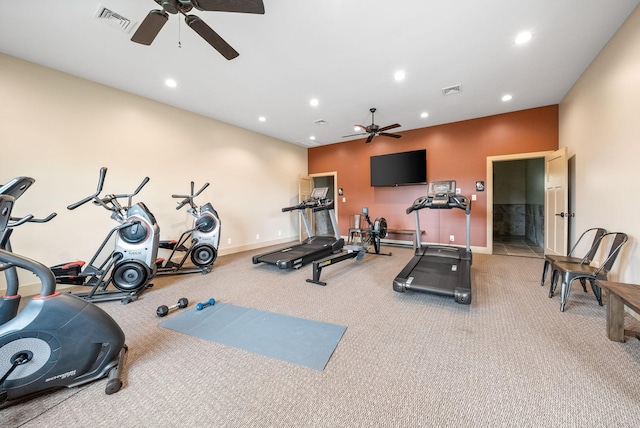 interior space featuring visible vents, recessed lighting, and a ceiling fan