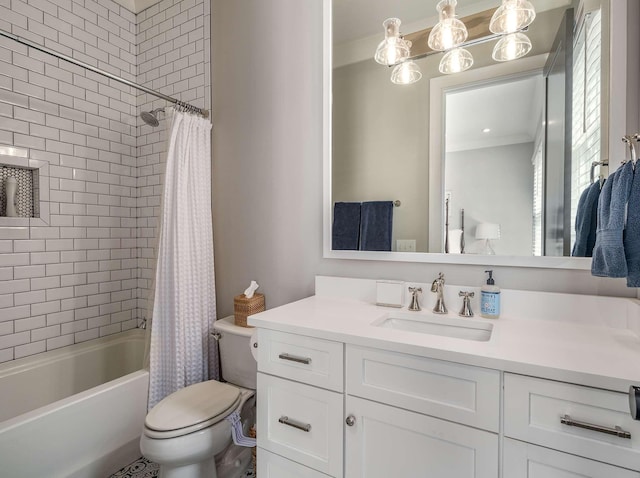 full bathroom featuring vanity, shower / bath combination with curtain, and toilet