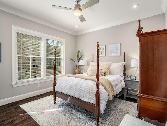 bedroom featuring recessed lighting, a ceiling fan, baseboards, and wood finished floors