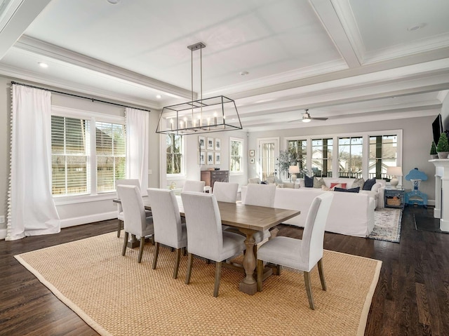 dining area with dark wood finished floors, ceiling fan with notable chandelier, baseboards, and ornamental molding