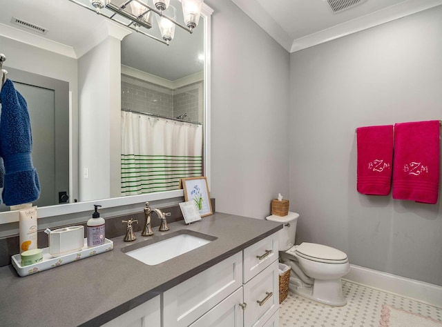 bathroom with visible vents, toilet, crown molding, baseboards, and vanity