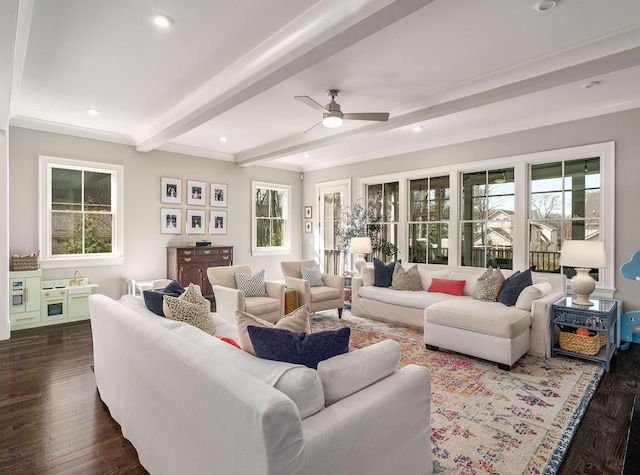 living area featuring recessed lighting, beam ceiling, dark wood-type flooring, and ceiling fan