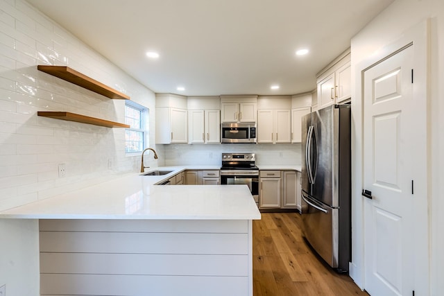 kitchen with light wood finished floors, light countertops, a peninsula, stainless steel appliances, and a sink