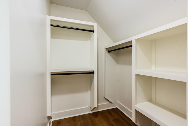 spacious closet featuring vaulted ceiling and dark wood-style floors