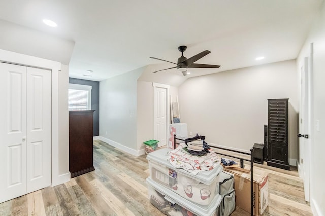 office area with recessed lighting, light wood-style flooring, baseboards, and ceiling fan