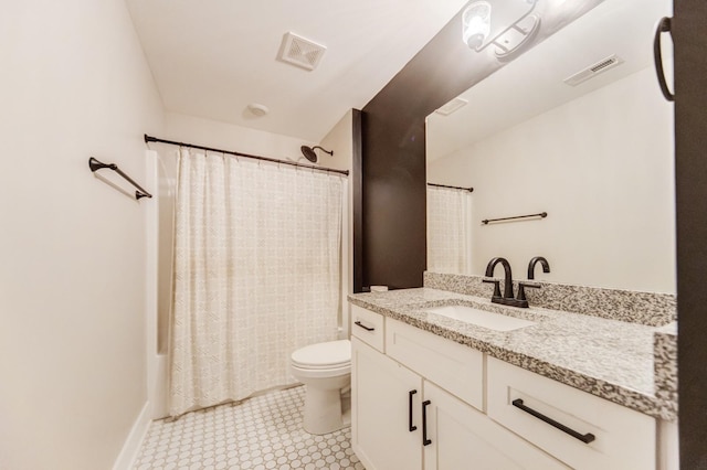 bathroom featuring vanity, toilet, shower / bathtub combination with curtain, and visible vents