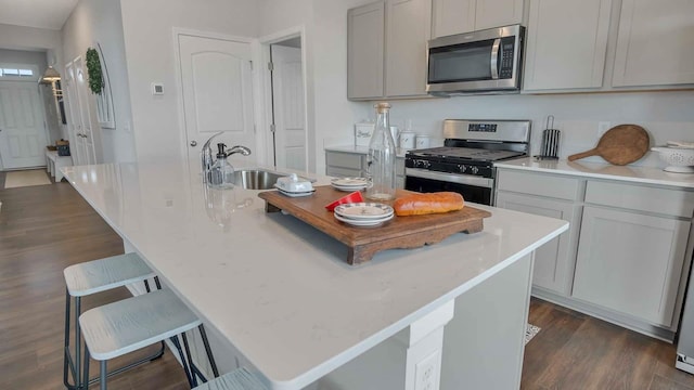 kitchen featuring a kitchen island with sink, gray cabinets, a sink, dark wood-type flooring, and appliances with stainless steel finishes