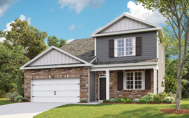 traditional-style house featuring a front lawn, board and batten siding, and driveway