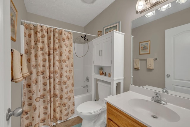 bathroom featuring toilet, a textured ceiling, vanity, and shower / bathtub combination with curtain